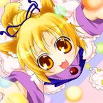  :3 :d alternate_hairstyle animal_ears blonde_hair fang fox_ears fox_tail from_above haruyonoto hat hat_removed headwear_removed long_sleeves looking_at_viewer lowres open_mouth pillow_hat ponytail short_hair smile solo tail touhou yakumo_ran yellow_eyes younger 