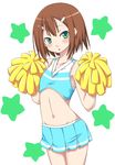  bad_id bad_pixiv_id baka_to_test_to_shoukanjuu bare_shoulders blush brown_hair cheerleader crossdressing flat_chest green_eyes hair_ornament hairclip itou_ayachi kinoshita_hideyoshi male_focus midriff navel otoko_no_ko pom_poms solo 