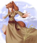  animal_ears brown_hair dress fortal holo long_hair ponytail red_eyes solo spice_and_wolf tail wheat wolf_ears 