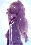  aisaka_taiga arm_at_side bangs closed_mouth coat from_side hair_between_eyes kiira long_hair long_sleeves looking_at_viewer red_eyes red_scarf scarf sleeves_past_wrists smile snowing solo toradora! upper_body white_background white_coat 