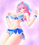  adapted_costume bikini borrowed_design breasts hanazuka_ryouji hat large_breasts pink_hair saigyouji_yuyuko solo swimsuit touhou wet wrist_cuffs 