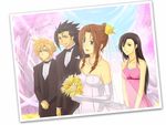  aerith_gainsborough black_hair blonde_hair blue_eyes bow bowtie bride brown_hair cherry_blossoms cloud_strife dress elbow_gloves final_fantasy final_fantasy_vii flower gloves green_eyes jewelry long_hair meru multiple_girls necklace photo_(object) pink_dress red_eyes smile tifa_lockhart tuxedo wedding wedding_dress zack_fair 