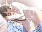  ahoge bed black_hair blush bottomless breasts cleavage closed_eyes dress_shirt elf jpeg_artifacts long_hair lying medium_breasts pointy_ears shining_(series) shining_wind shirt sleeping smile solo tanaka_takayuki xecty_ein 