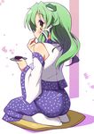  9law bare_shoulders detached_sleeves eating food green_hair kochiya_sanae long_hair looking_back seiza sitting socks solo touhou yellow_eyes 