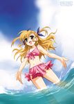  bikini blonde_hair circle_name day duplicate heterochromia kanna_(plum) long_hair lyrical_nanoha mahou_shoujo_lyrical_nanoha solo swimsuit vivio water watermark web_address 