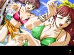  bikini brown_eyes charles_bronson_(artist) day dutch_angle game_cg long_hair mania_na_onna_2 multiple_girls orange_sarong ponytail red_hair sarong skyhouse splashing swimsuit water 