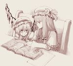  bangs blunt_bangs book bow capelet crescent eye_contact flandre_scarlet hair_bow hat long_hair looking_at_another monochrome multiple_girls open_book patchouli_knowledge pointing purple ryuuzaki_(ereticent) short_hair tears touhou wings 