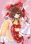  bad_id bad_pixiv_id bow brown_hair detached_sleeves green_eyes hair_bow hakurei_reimu midriff nanase_aoi navel ribbon short_hair solo touhou 