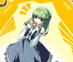  blush date_hajime detached_sleeves doughnut eating food frog_hair_ornament green_hair hair_ornament hair_tubes kochiya_sanae long_hair looking_at_viewer snake_hair_ornament solo sweatdrop touhou 