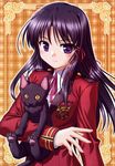  bekkankou black_cat black_hair cat fortune_arterial highres kuze_kiriha long_hair purple_eyes school_uniform solo 
