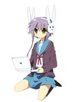  bad_id bad_pixiv_id bunny_headphones cardigan computer headphones kita_high_school_uniform kneeling laptop nagato_yuki school_uniform serafuku short_hair silver_hair solo soranagi suzumiya_haruhi-chan_no_yuuutsu suzumiya_haruhi_no_yuuutsu yellow_eyes 