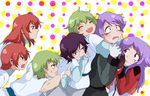  5boys anew_returner aucie bring_stabity divine_nova everyone green_hair gundam gundam_00 hilling_care innovator long_hair mamotte_shugogetten! multiple_boys multiple_girls parody purple_eyes purple_hair red_eyes red_hair regene_regetta revive_revival ribbons_almark short_hair 