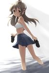  brown_eyes brown_hair dutch_angle from_behind holding holding_shoes loafers long_hair looking_back midriff narcissu non-web_source oryou parted_lips pleated_skirt sakura_setsumi shoes skirt smile solo wading water 