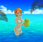  bangle biafura bikini bracelet breasts cleavage day flower hair_flower hair_ornament hibiscus jewelry large_breasts nail_polish nami_(one_piece) ocean one_piece orange_eyes orange_hair orange_nails rubber_duck short_hair solo swimsuit wading water white_bikini 