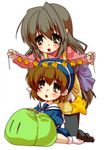  bad_anatomy bad_id bad_pixiv_id brown_eyes brown_hair clannad dango_daikazoku hat highres ibuki_fuuko long_hair multiple_girls ogino_atsuki okazaki_ushio overalls pantyhose school_uniform short_hair star starman_(mario) |_| 