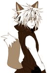  animal_ears cloud_strife final_fantasy final_fantasy_vii final_fantasy_vii_advent_children fox_ears fox_tail looking_back lowres male_focus meru monochrome solo tail white_background 