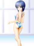  ass back bangs blue_eyes blue_hair blurry breasts competition_swimsuit covered_nipples depth_of_field from_behind highres indoors legs looking_at_viewer looking_back one-piece_swimsuit original pool poolside samejima_minoru short_hair small_breasts solo standing swimsuit water window 