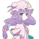  :&lt; blush bow crescent hair_ribbon hat long_hair patchouli_knowledge pink_bow purple_eyes purple_hair ribbon solo souto touhou 