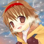  backpack bad_id bad_pixiv_id bag breath brown_hair kanon lowres mittens oekaki red_eyes short_hair snow sobako solo tsukimiya_ayu 