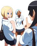  black_hair blonde_hair blue_eyes copyright_request dark_skin go_robots multiple_girls school_uniform 