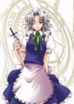  apron blue_eyes braid clock hairband highres izayoi_sakuya knife maid one_eye_closed ooike_teru ribbon short_hair silver_hair solo touhou twin_braids 