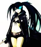  belt bikini_top black_hair black_rock_shooter black_rock_shooter_(character) blue_eyes burning_eye glowing glowing_eye hironox long_hair midriff navel scar shorts solo sword twintails uneven_twintails weapon 