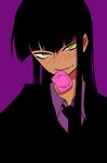  bangs black_hair blush condom condom_in_mouth condom_wrapper female_protagonist_(houkago_play) flat_color houkago_play long_hair looking_at_viewer mouth_hold necktie solo yellow_eyes yinai_way 