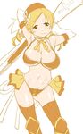  &gt;:) adapted_costume armor armpits ass_visible_through_thighs bikini bikini_armor blonde_hair breasts cleavage contrapposto detached_sleeves drill_hair gun hat large_breasts long_hair looking_at_viewer magical_girl mahou_shoujo_madoka_magica rifle shinama shiny shiny_skin simple_background smile solo standing swimsuit thighhighs tomoe_mami twin_drills twintails v-shaped_eyebrows weapon white_background yellow_eyes 