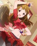  blush brown_hair castanets crop_top idolmaster idolmaster_million_live! instrument long_hair looking_at_viewer maracas midriff mirror miyao_miya navel official_art open_mouth polka_dot skirt smile solo sparkle 