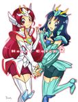  armor bike_shorts blue_eyes blue_hair collarbone cosplay dragon_ryuuhou dragon_ryuuhou_(cosplay) hanasaki_tsubomi heart heartcatch_precure! holding_hands kurumi_erika long_hair mitsui_tomosumi multiple_girls pegasus_koga pegasus_koga_(cosplay) pink_eyes pink_hair precure saint_seiya saint_seiya_omega shield smile thighhighs zettai_ryouiki 