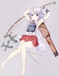  armpits bare_legs barefoot bow_(weapon) cosplay crescent crescent_hair_ornament full_body green_eyes hair_ornament kantai_collection kengorou_saemon_ii_sei long_hair looking_at_viewer open_mouth purple_hair simple_background solo weapon yayoi_(kantai_collection) zuikaku_(kantai_collection) zuikaku_(kantai_collection)_(cosplay) 