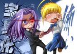  1girl 52ikaros absurdres ahoge anger_vein artoria_pendragon_(all) bad_id bad_pixiv_id berserker_(fate/zero) blonde_hair chibi crying fate/stay_night fate/zero fate_(series) glowing glowing_eyes hetero highres kiss lancelot_(fate/zero) long_hair messy_hair pantyhose red_eyes saber tears wrist_grab 