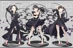  :d arm_cutout arm_up a~chan bad_id bad_pixiv_id bangs black_dress black_hair black_pants black_shirt blunt_bangs brown_eyes brown_hair dress earrings finger_to_mouth grey_background grey_neckwear grin group_name hand_on_hand hand_on_own_cheek hand_on_own_head high_heels highres index_finger_raised jewelry kashiyuka long_hair long_sleeves multiple_girls nocchi_(perfume) open_mouth outstretched_hand pants perfume purple_eyes red_footwear shirt short_hair short_sleeves smile song_name standing trench_coat yoshito 