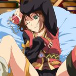  asymmetrical_clothes bow brown_hair goggles goggles_removed green_eyes highres kamekun one_eye_closed pocket_protector rita_mordio short_hair solo tales_of_(series) tales_of_vesperia yellow_bow 