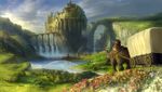  antlers arch bridge castle cliff cloud covered_wagon creature fantasy flower ground_vehicle harness hat highres hood landscape male_focus mountain original outdoors pipe rainbow riding scenery ship sky smoking town wagon water watercraft waterfall you_shimizu 