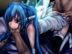  1girl all_fours bed blue_eyes blue_hair chin_grab cum cum_in_mouth cum_on_ass cum_string elbow_gloves gangbang gloves group_sex long_hair nymph_(sora_no_otoshimono) penis sora_no_otoshimono twintails very_long_hair 