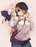  1girl ;) bag baozi beige_background belt between_breasts blonde_hair blue_eyes blush breasts cabbie_hat casual contemporary curvy denim familiar food handbag hat highres horns jeans large_breasts long_hair one_eye_closed pants ragnarok_online ribbed_sweater simple_background smile solo strap_cleavage sweater whitesmith xration 