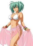  1girl bikini bracelet breasts cleavage green_eyes green_hair ikkitousen jewelry large_breasts legs looking_at_viewer lots_of_jewelry official_art open_mouth ryofu_housen sarong side-tie_bikini simple_background solo swimsuit thighs twintails white_bikini white_swimsuit 
