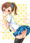  absurdres black_legwear blush bow brown_hair finger_to_chin fuku_d futami_mami glasses hair_bow heart heart_of_string highres idolmaster idolmaster_(classic) leaning_forward plaid plaid_skirt red-framed_eyewear red_eyes rough_time_school school_uniform semi-rimless_eyewear short_hair side_ponytail skirt smile solo thighhighs under-rim_eyewear 