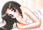  1girl black_hair blush female glasses long_hair looking_at_viewer lucky_star lying on_bed on_side purple_eyes shirai_daizu solo tamura_hiyori topless 