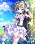  artist_request closed_umbrella drill_hair hair_ribbon idolmaster idolmaster_cinderella_girls kanzaki_ranko official_art one_eye_closed planted_umbrella red_eyes ribbon solo star twin_drills twintails umbrella 