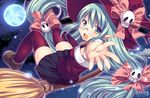  aqua_hair bad_id bad_pixiv_id boots bow broom broom_riding foreshortening full_moon green_eyes hair_ornament hat long_hair looking_at_viewer matatabi_maru moon open_mouth original pointy_ears sidesaddle skirt skull_hair_ornament smile solo very_long_hair witch_hat 
