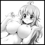  ahoge black_border blush border breasts greyscale highres hoshii_miki idolmaster idolmaster_(classic) large_breasts long_hair monochrome navel nipples nude simple_background smile solar_kaichuudentou solo white_background 