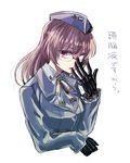  adjusting_hair black_gloves brown_hair choukai_(kantai_collection) glasses gloves hat kantai_collection long_hair looking_at_viewer red_eyes solo tadano_kagekichi translation_request upper_body 