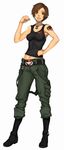  bangs bare_shoulders belt boots brown_eyes brown_hair cargo_pants copyright_request dog_tags full_body grin highres kazakami_yuu knee_boots looking_at_viewer midriff navel pants parted_bangs short_hair simple_background smile solo standing tank_top tattoo white_background 