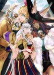  1boy 2girls american_flag anastasia_(fate/grand_order) animal_ears arthur_pendragon_(fate) blonde_hair city coat cup dark_skin disposable_cup doll drinking_straw eating fate/grand_order fate_(series) food food_in_mouth food_on_face french_fries fur_coat hamburger hat long_hair multiple_girls nail_polish purple_hair pvc_parfait queen_of_sheba_(fate/grand_order) scarf silver_hair skirt twitter_username 