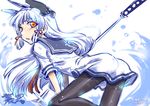  blush dress hair_ornament kantai_collection long_hair murakumo_(kantai_collection) orange_eyes pantyhose silver_hair solo takana_shinno white_dress 