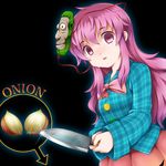  black_background bubble_skirt cutting empty_eyes fukaiton hata_no_kokoro knife long_hair long_sleeves mask monkey_mask onion open_mouth pink_eyes pink_hair plaid plaid_shirt shirt simple_background skirt solo touhou 