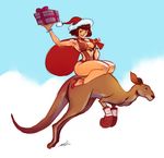  animal anna_williams boxing_gloves bracelet breasts choker christmas gift hat high_heels jewelry jumping kangaroo lips navel pinky_out red_hair riding roger_jr. sack santa_hat seeso2d shorts sideboob slingshot_swimsuit smile swimsuit tekken thick_thighs thighs 