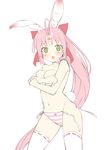  animal_ears blush bow breasts bunny_ears bunny_tail covering covering_breasts cowboy_shot facial_mark forehead_mark green_eyes hair_bow highres ichi_makoto large_breasts long_hair navel open_mouth original panties pink_hair side-tie_panties simple_background sketch solo striped striped_panties sweatdrop tail thighhighs topless underwear very_long_hair white_legwear 